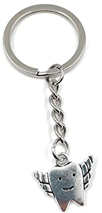 Onwomania - Fliegender Zahn Zahnpflege Zähne putzen Schlüsselanhänger - Metall Glücksbringer ideal als Geschenk z.B. für den besten Freund, die beste Freundin, Mama - Für Männer, Frauen & Kinder