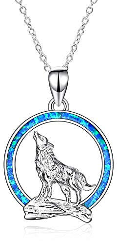 YFN Wolf Anhänger Halskette 925 Sterling Silber mit Opal Moon Halskette 18 Geburtstagstag Schmuck für Freundin Frau (Blaue Opal Wolf Halskette) (Blaue Opal Wolf Halskette)