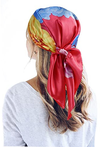 QBSM Grand foulard carré en satin de 88,9 cm - Sensation soie - Pour le sommeil - Léger - Pour femme, Pivoine rose rouge, Large