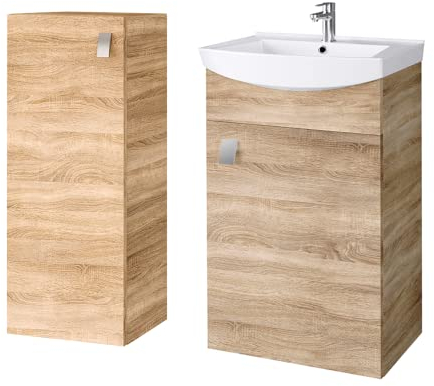 Planetmöbel Conjunto de Muebles de baño Lavabo con Mueble 45 x 60 x 33 cm con Armario Midi 32 x 75 x 23 cm para Aseo de Invitados, Roble Sonoma