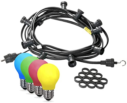 SATISFIRE Illu-/Partylichterkette Außenlichterkette mit bunten LED Tropfenlampen GERMANY (schwarzes Kabel, 40m - 60 Lampen)