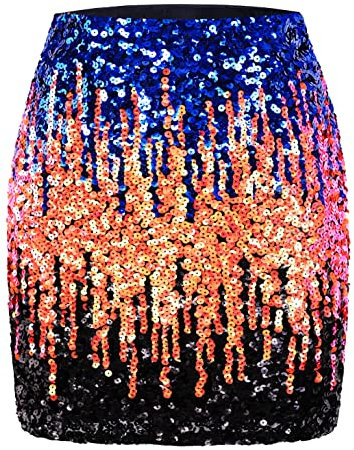 MANER Damen Pailletten Rock Glitzer Stretchy Bodycon Mini Rock Night Out Party, Königsblau/Orange/Schwarz, XX-Large