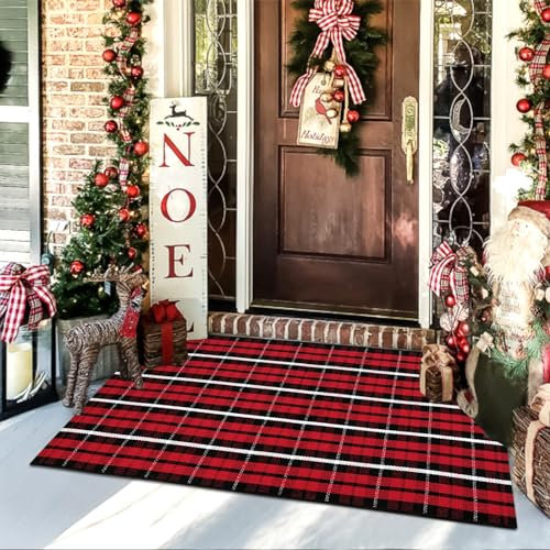 Weihnachtstürmatte für den Außenbereich, 60 x 100 cm, rotes Büffelkaro, maschinenwaschbar, Küchenteppich, Eingangsteppich, mehrlagige Fußmatten, für Innen- und Außenbereich, Baumwolle, Läufer für