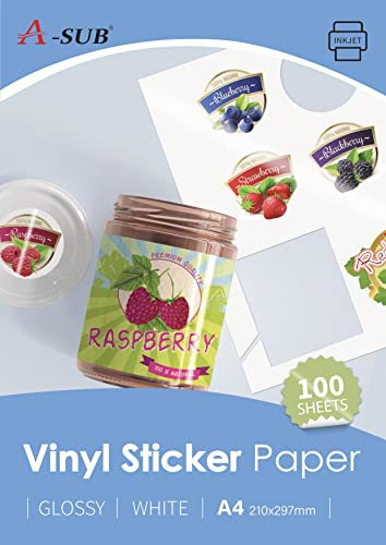A-SUB Weißes glänzendes hochwertiges wasserfestes bedruckbares Vinyl-Aufkleberpapier, selbstklebende Vinyl-Etiketten für Tintenstrahldrucker, A4-Format, 100 Blatt