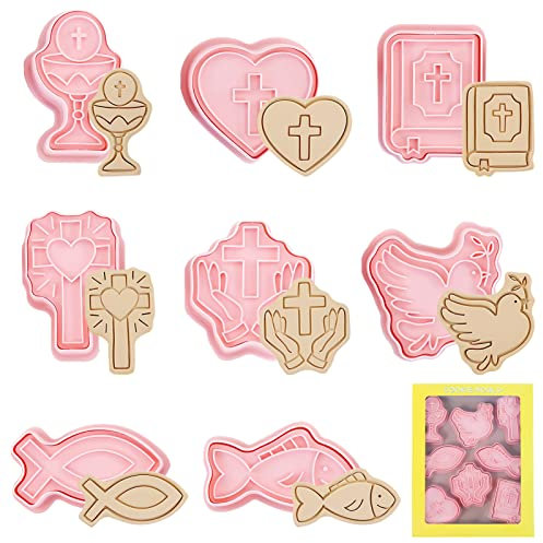 TOPJOWGA Formine Biscotti Comunione, 8 Pezzi Tagliabiscotti Cristiano Comunione, Comunione Cookie Cutter, Stampi per Biscotti per Bambini, 3D Tagliabiscotti per Battesimo Conferma Comunione
