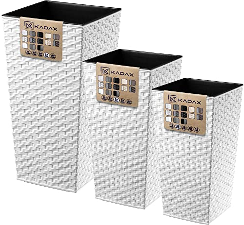 KADAX Set di 3 vasi alti per piante, Bianco Rattan, H 46,5/57,5/68 cm – vaso decorativo per interni, vaso per piante da esterno moderno