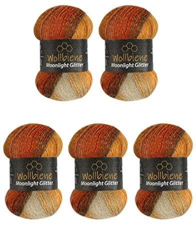 Moonlight Glitter Batik Simli 5 x 100g Strickwolle 500 Gramm Wolle zum Stricken und Häkeln 20% Wolle Metallic-Wolle türkische Wolle Farbverlaufswolle Glitzerwolle (2800 braun terrakotta beige)