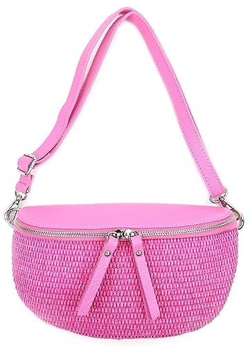 Made in Italy Damen Leder Tasche Basttasche Schultertasche Gürteltasche Sommer Strandtasche Crossbody Bauchtasche Umhängetasche Cross-Over Bodybag Handytasche Geflochten Bast Abendtasche Rosa