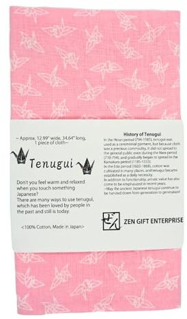 ZEN GIFT ENTERPRISE Japanisches Handtuch Tenugui mit Ausfransvorbeugung, traditionell, Symbol für Langlebigkeit und Frieden, Orizuru-Muster, weiß auf rosa, 33 x 88 cm, hergestellt in Japan