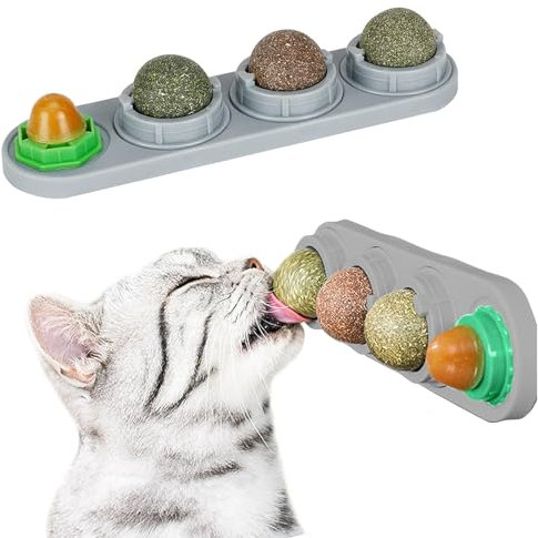 MisFun Herbe à Chat, Cataire pour Chat, 4 en 1 Jouets de Boule d'herbe à Chat, Rotatif Cataire Balle, Jouet de Boule de Collation pour Chats se Nettoient Les Dents et Attirent Les Chats(Gris)