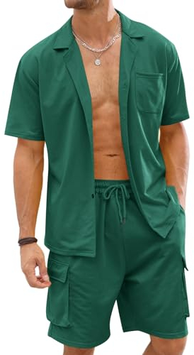 Fastkoala Herren Trainingsanzug Outfit Set Zweiteiler Knopf Anzüge Sommer Hemden & Kurze Jogginganzüge 2 Teiler Grün M