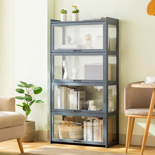 JFOZDM Vitrinenschrank, multifunktionale staubdichte Glasvitrine, Glasvitrine Stehend, Klappenschranktürdesign, versiegelt und staubdicht, Vitrine für Büros, Schlafzimmer, Wohnzimmer 70*34*140CM Grau