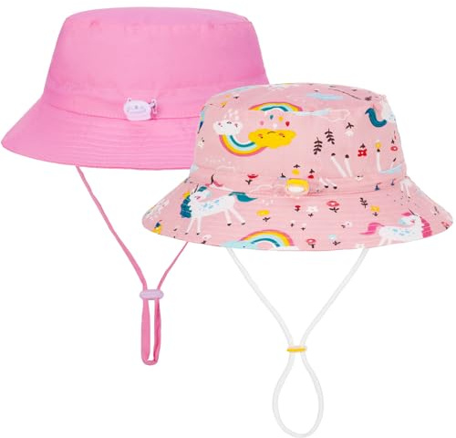 Zuimei 2Pcs Baby Sun Hats, Adjustable Bucket Hats for Toddler Kids Pink