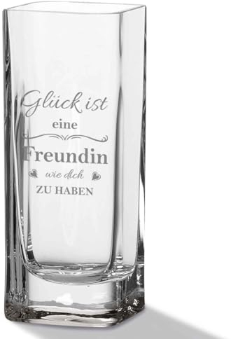 GRAVURZEILE Blumenvase mit Gravur - Glück ist eine Freundin - Moderne Vase aus Glas für Blumen - Geschenke für Frauen - Deko fürs Wohnzimmer und Schlafzimmer - Geschenkidee zum Geburtstag - 20x8cm