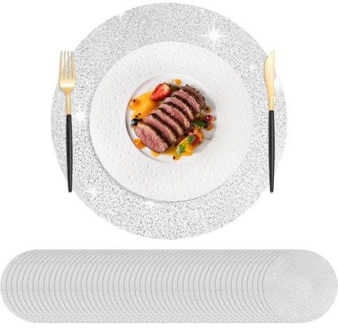 Hysenm Set di 50 tovagliette usa e getta argento, ultrasottile 33 cm rotonde in rete pressata, tovagliette usa e getta per la decorazione della casa, tavolo da pranzo, matrimoni, feste di compleanno