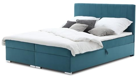 Mebligo Boxspringbett 160x200 mit Bettkasten und Kopfteil, Doppelbett mit Bonell-Matratze und Topper, Polsterbett, Boxspringbett Türkis - ELMA Serie
