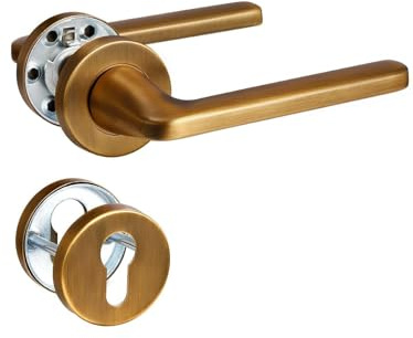 SORWDUERM Türgriff Antik messing Drückergarnitur, Edelstahl matt gebürstet, Türklinke für Haustür und Innentür, L-Form, Rund-Rosette, PZ - Profilzylinder