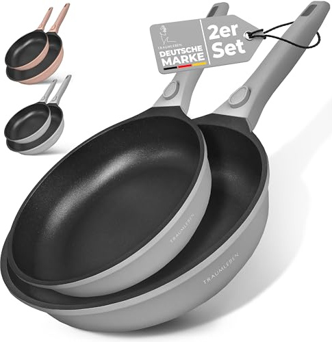 NEU* TRAUMLEBEN Pfannenset 2-teilig 24, 28 cm mit abnehmbarem Griff, Antihaftbeschichtung, PFOA frei, für Induktion geeignet | backofenfest | Pfanne beschichtet Brat- & Universalpfannen (grau)
