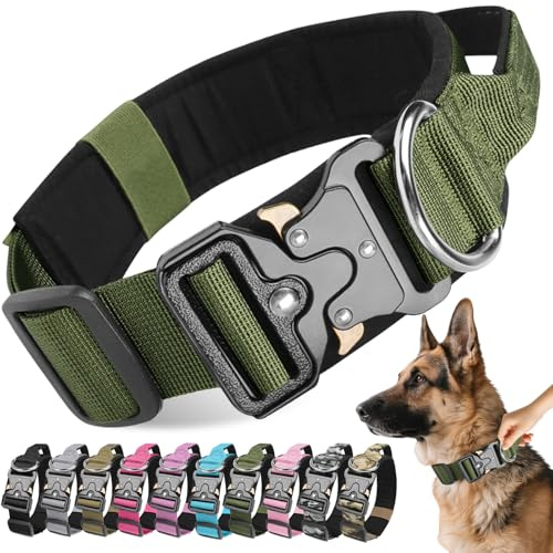 Viugex Collier de Chien Tactique, Militaire Collier Réglable Chien Rembourré, Collier pour Chien Durable avec Boucle en Métal, Idéal pour Petits, Moyens et Grands Chiens (Vert Armée, L)
