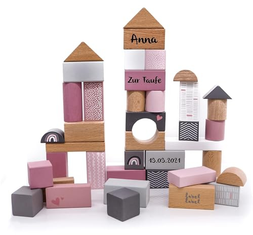Mainely Personalisierbare Holz-Bausteine 50-teilig (Rosa) – zur Taufe – fördert Feinmotorik & Kreativität – für Kinder ab 2 Jahren – personalisiert mit Namen & Taufdatum – Label Label