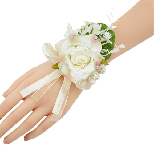 HEUchuan Corsage de Mariage Boutonnière de Mariage Roses en Soie Corsage Bracelet Demoiselle d'honneur Fleurs Témoin Homme Costume Accessoires(Wrist Flower-D)
