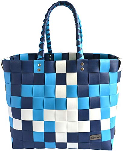 normani Einkaufskorb Shopper geflochten aus Kunststoff - robuster Strandkorb aus wasserabweisendem Material Farbe Classic/Aqua