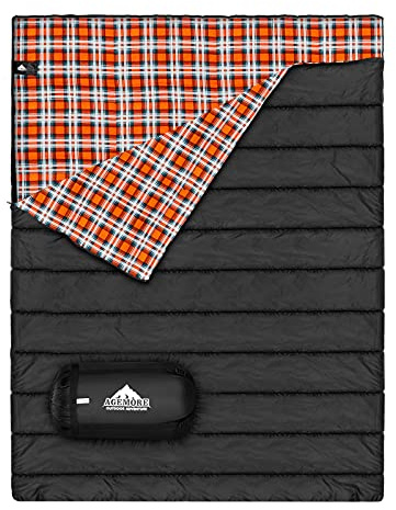 Agemore Cotton Flannel Double Sleeping Bag for Adults Camping, Queen Size | 100% Cotton Lining, Lightweight & Water-Resistant for 2 Person or Family Backpacking Hiking Traveling, 3-4 Season Use