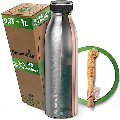 Blockhütte Wasserflasche Edelstahl 500ml I Isolierte Thermosflasche, Wasserflasche Kohlensäure geeignetauslaufsicher, spülmaschinenfest, Flasche ideal für Sport, Wandern, Kinder - BPA-frei