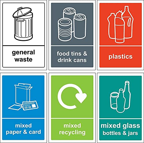Recycling bin Sign/Sticker pack - Self adhesive vinyl Pack of 6 stickers 300mm x 200mm