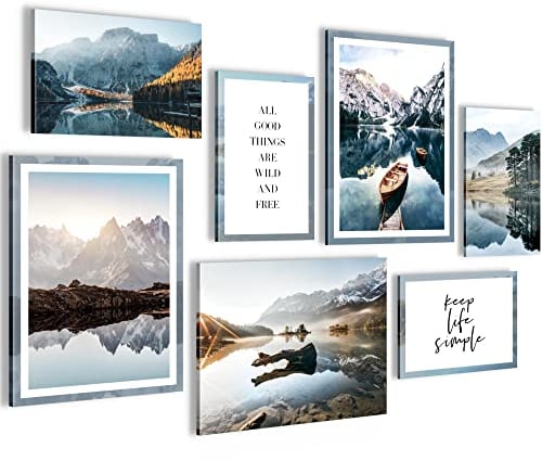 Novart Wandbilder Berge und See - KOMPLETT AUFHÄNGFERTIG - Natur Wohnzimmer Schlafzimmer Flur - 7 Moderne Mood-Bilder - N003671b