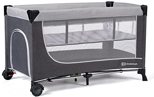 Kinderkraft LEODY Lit parapluie Bébé avec 2 Niveaux de Couchage, Lit de voyage, Pliable, Gris
