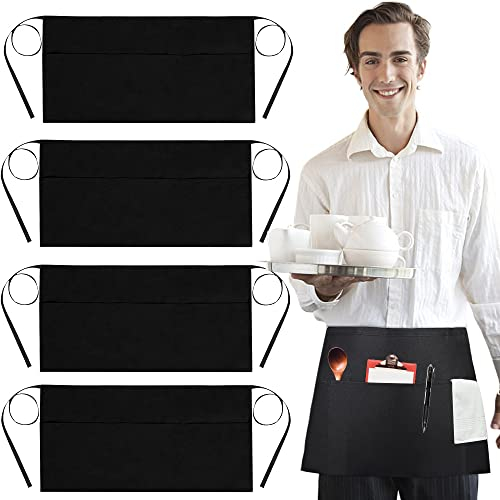 DECARETA 4 Stücke Taillenschürze Schwarz Taillen Schürze mit 3 Taschen Vorbinder Schürze Gabardine Kellnerschürze Halbe Küchenschürze 40x60cm Bistroschürze Kellner Schürze für Restaurant, Bar