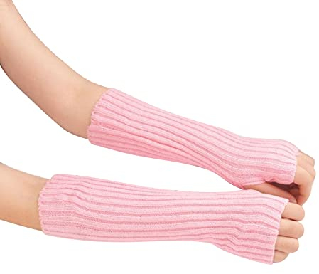 Suxgumoe Women Arm Warmers, Knitted Long Sleeve Fingerless Gloves Mittens Winter Wrist Warmers with Thumb Hole for Ladies Girls (A Pink)