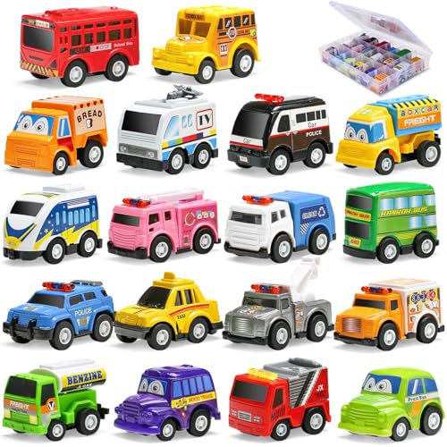 18 Pack Pull Back Car Toys with Storage Box, Mini Model Vehicle Bulk Set