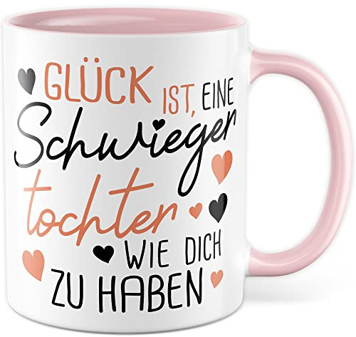 Schwiegertochter Tasse Geschenk Hochzeit Kaffeetasse Geschenkidee Schwiegereltern Kaffee-Becher mit Spruch Glück ist eine Schwiegertochter wie dich zu haben Ehe (Weiß/Rosa)