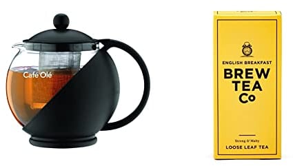 Café Olé Grunwerg Café Ole Loose Leaf Everyday Round Tea Pot Infuser Basket Glass Teapot, Black, 1.20 Litre, 1200ml / 1.2 & Brew Tea Co - English Breakfast - Strong and Malty - 113g Loose Leaf Tea