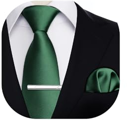 HISDERN Krawatte für Herren Grün - Krawatte mit Einstecktuch Krawattenklammer Hochzeit Einfarbig Seide Krawatten und Taschentuch Set für Männer