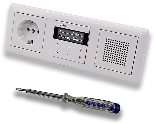 Gira 021303 Radio Internet IP encastrée 232003 + kit Bluetooth complet + haut-parleur + prise – Système 55 – Blanc pur brillant dans un cadre triple Gira 021303 avec testeur de phase EBROM pour le