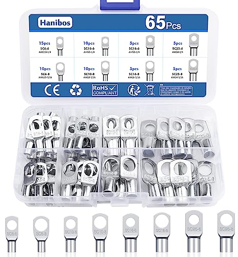 65 Stück Rohrkabelschuh Set, Hanibos Kabelschuhe 6mm²10mm²16mm²25mm² Ringkabelschuhe M6 M8 Verzinnte Kupferkabelschuhe Quetschverbinder Set für Batteriekabel Kfz Verteilerkästen