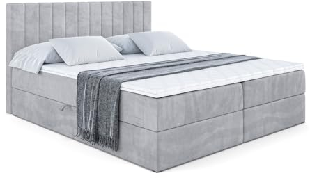 ALTDECOR Boxspringbett mit Matratze und Lattenrost, Boxbett, Topper, Polsterbett mit Bettkasten, Bett mit Stauraum H3-Matratze, Doppelbett, Springboxbett - Edita - 180x200 - Grau Monolith 84