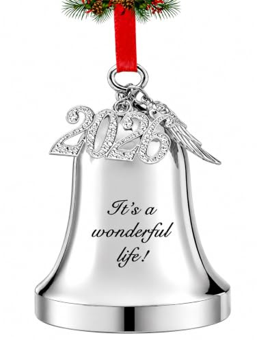 FKOG 2024 It's A Wonderful Life Christmas Bell Ornament, Silver Christmas Tree Bell and Sleigh Bell Ornament Decoration Gifts with Angel Wing Charm (It's a Wonderful Life Bell)