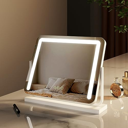 EMKE LED Hollywood Schminkspiegel mit Beleuchtung - Rechteck Hollywood Spiegel mit Dimmbar, 360° drehbar, Speicherfunktion, 3 Lichtfarben, Beleuchteter Kosmetikspiegel - Weiß, 50x42cm