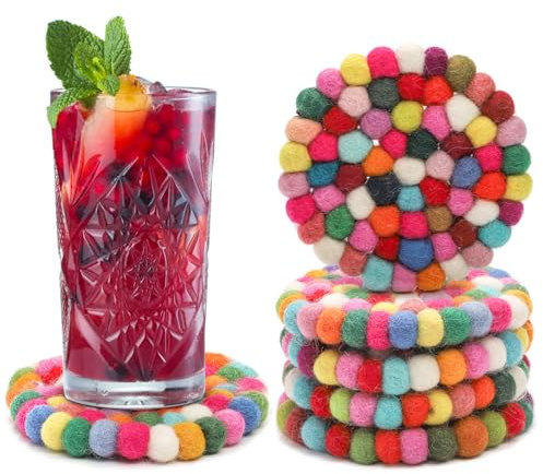Dicunoy 6 Pack Felt Coasters for Drinks, 4 Round Colorful Coasters, Absorbent Cute Handmade Wool Felt Ball Mat Pads for Cups, Mugs, Coffee Table, Home, Office, Christmas