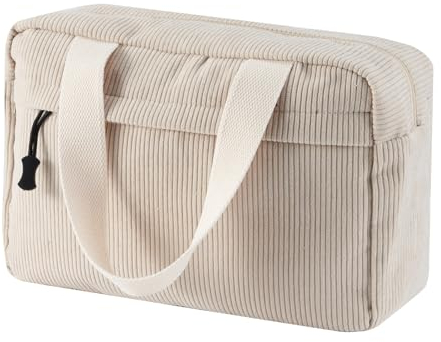 Jiliyote Trousse de toilette en velours côtelé pour femme - Grande trousse de maquillage en velours côtelé avec sourire - Sac cosmétique de voyage pour femme et fille, Beige-a#