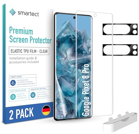 smartect TPU Protector de Pantalla [2 + 2 Piezas] para Google Pixel 8 Pro, Pantalla + Cámara, Cubre toda la Pantalla, Película Protectora sin Burbujas, Anti-huella
