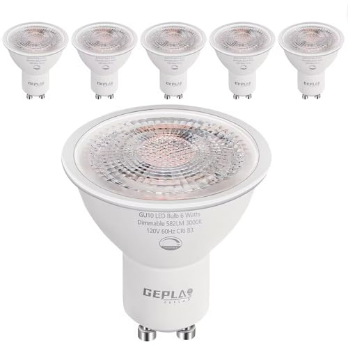 GEPLAD 6-Pack GU10 LED Bulb Dimmable, 3000K Soft White GU10 Bulb Replacement for Track Lighting, 582LM, 6W(50W Equivalent) LED Light Bulb for Kitchen, Range Hood, Living Room, Bedroom