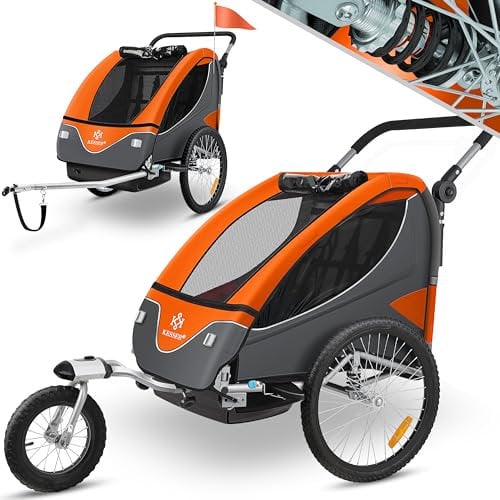 KESSER® Kinderanhänger Fahrradanhänger 360° Drehbar mit Federung 2in1 Joggerfunktion Kinderfahrradanhänger + 5-Punkt Gurt Jogger Fahrrad Anhänger für 1 bis 2 Kinder max. 40kg Inkl. Warnfahne, Orange