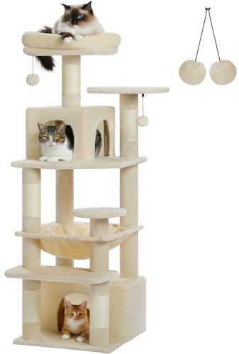 PAWZ Road Großer Kratzbaum, 136 cm großer Katzenturm für große Katzen, Katzenhaus mit Sisal-bezogenen Kratzbäumen und Polstern, 2 gepolsterten Sitzstangen, Doppelhaus und Korb für Hauskatzen – Beige