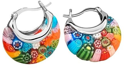 SHOP LC Millefiori Muranoglas-Creolen für Damen | Farbenfrohes Gänseblümchen-Design | Boho-Modeschmuck als Geschenk | Hypoallergen, vergoldet | 30 Karat