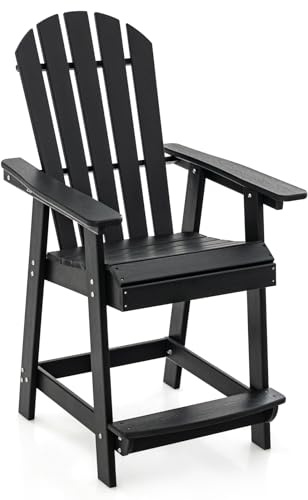 KOMFOTTEU Hochstuhl für den Garten mit Fußstütze, Adirondack Stuhl aus HDPE, Außensitz mit Armlehnen und Rückenlehne, Hocker für Terrasse, Balkon, Belastung 150 kg, 70 x 85 x 119 cm (schwarz)